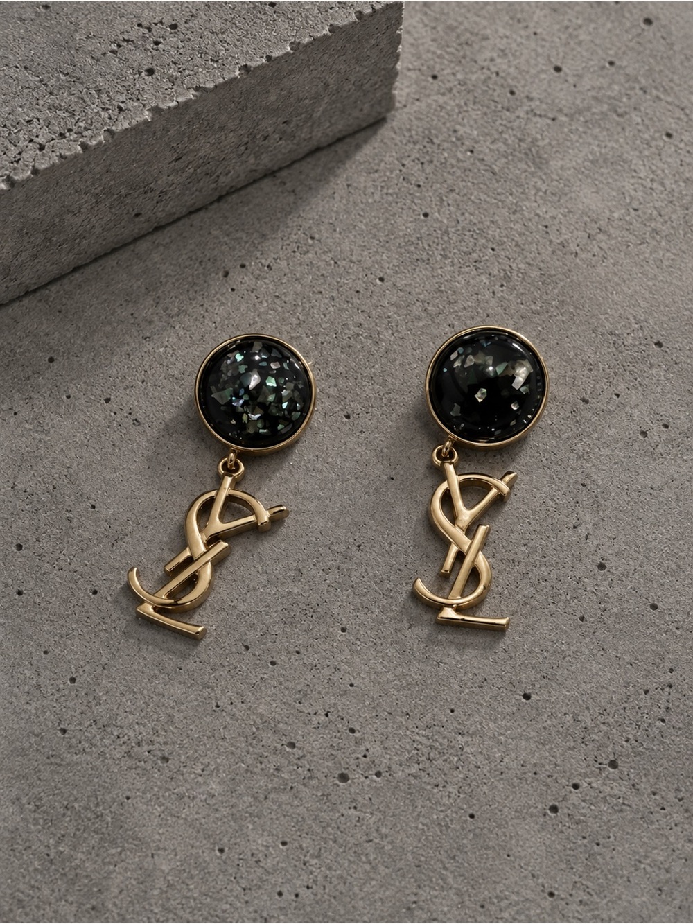 Vintage Yves Saint Laurent Gold Logo Drop Earrings with Black Iridescent Resin